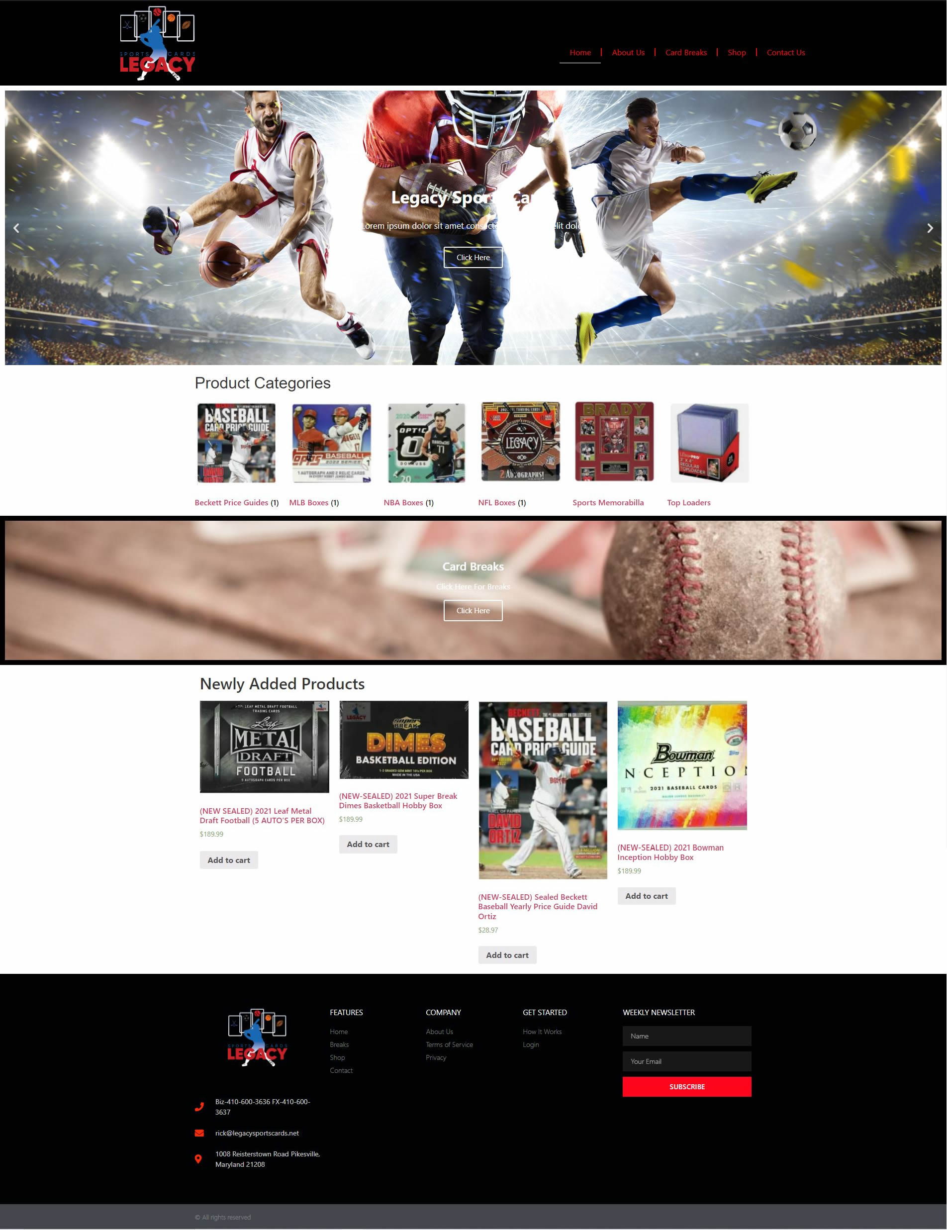 Sports card breaks website design example by Maryland Web Design