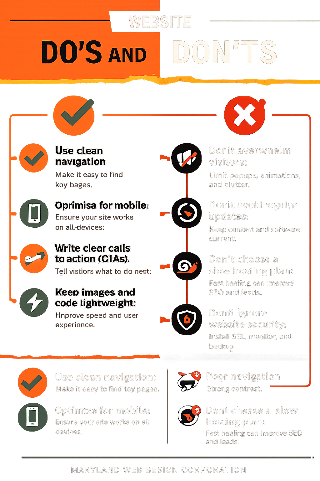 Website design do's and don'ts infographic by Maryland Web Design